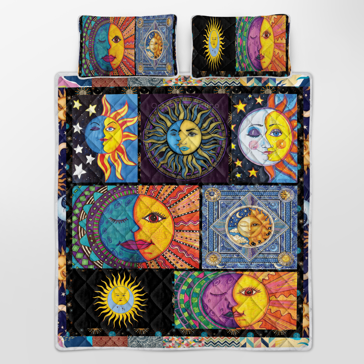 Bohemian Sun Moon Pattern Quilt Set Microfiber Soft Lightweight Portable Psychedelic Design Bedding Set, 1 Quilt With 2 Pillowcases