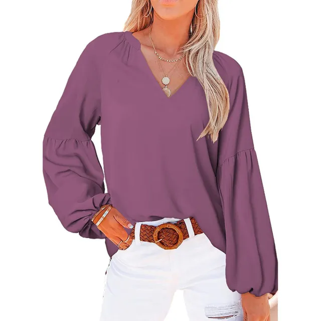 Women's Balloon Sleeve Loose Long Sleeve V Neck T Shirt Top Purple - Shop at LoveMi