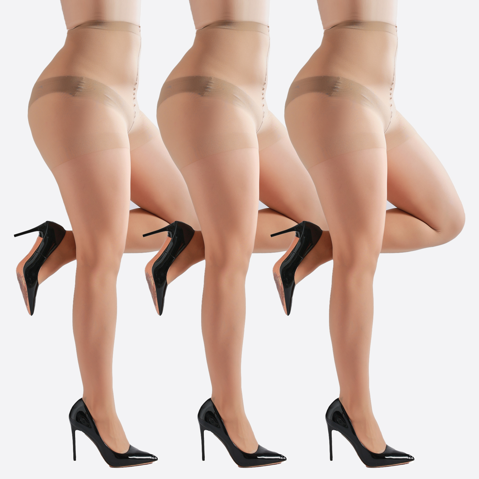 3 Pairs Plus Size Womens Sheer Tights 20D High Waist Control Top Pantyhose With Reinforced Toes