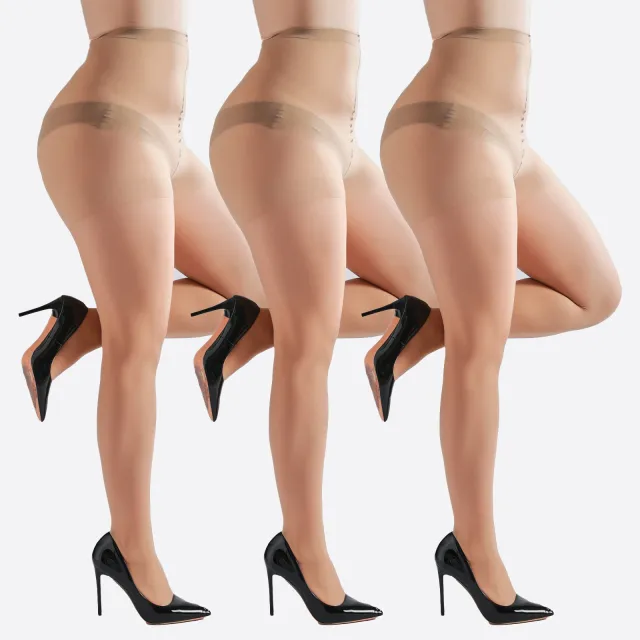 3 Pairs Plus Size Womens Sheer Tights 20D High Waist Control Top Pantyhose With Reinforced Toes Nude - Shop at LoveMi