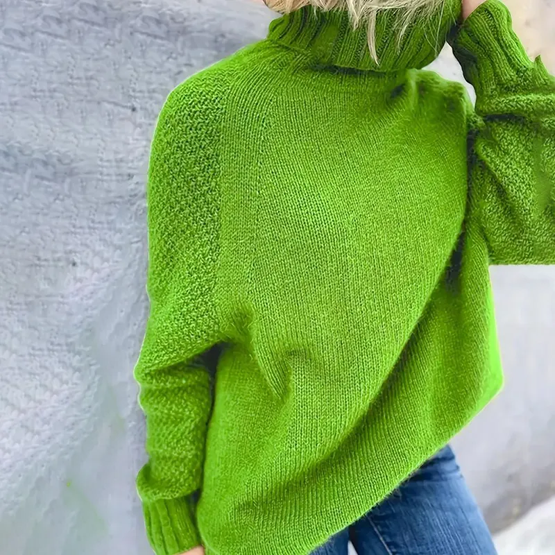 Loose Fit Mock Turtleneck Sweater For Women, Fall Trendy Long Sleeve Knit Pullover Tops - Green