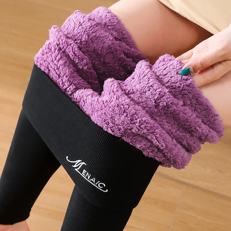 High Waist Plush Leggings Winter Warm Solid Slim Pants Fashion Trousers For Women Clothing - Black Single Strip