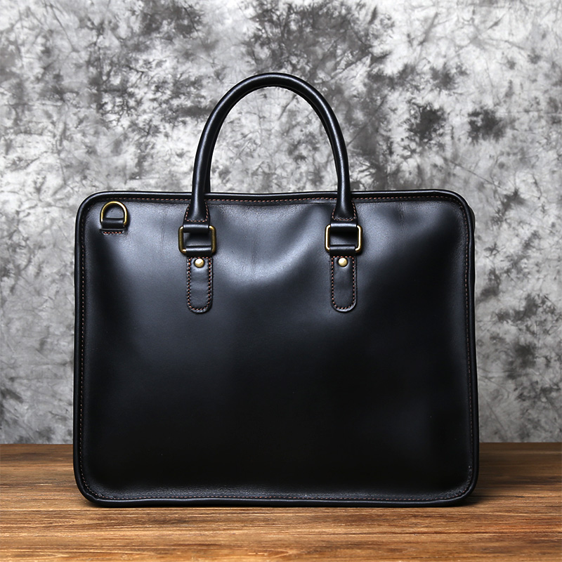 Vintage Casual Crazy Horse Leather Handmade Men's Leather Handbag Black - Shop at LoveMi
