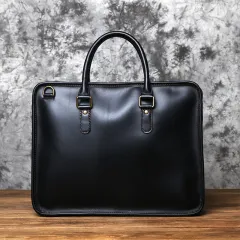 Vintage Casual Crazy Horse Leather Handmade Men's Leather Handbag - Black - View 1