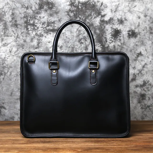 Vintage Casual Crazy Horse Leather Handmade Men's Leather Handbag Black - Shop at LoveMi