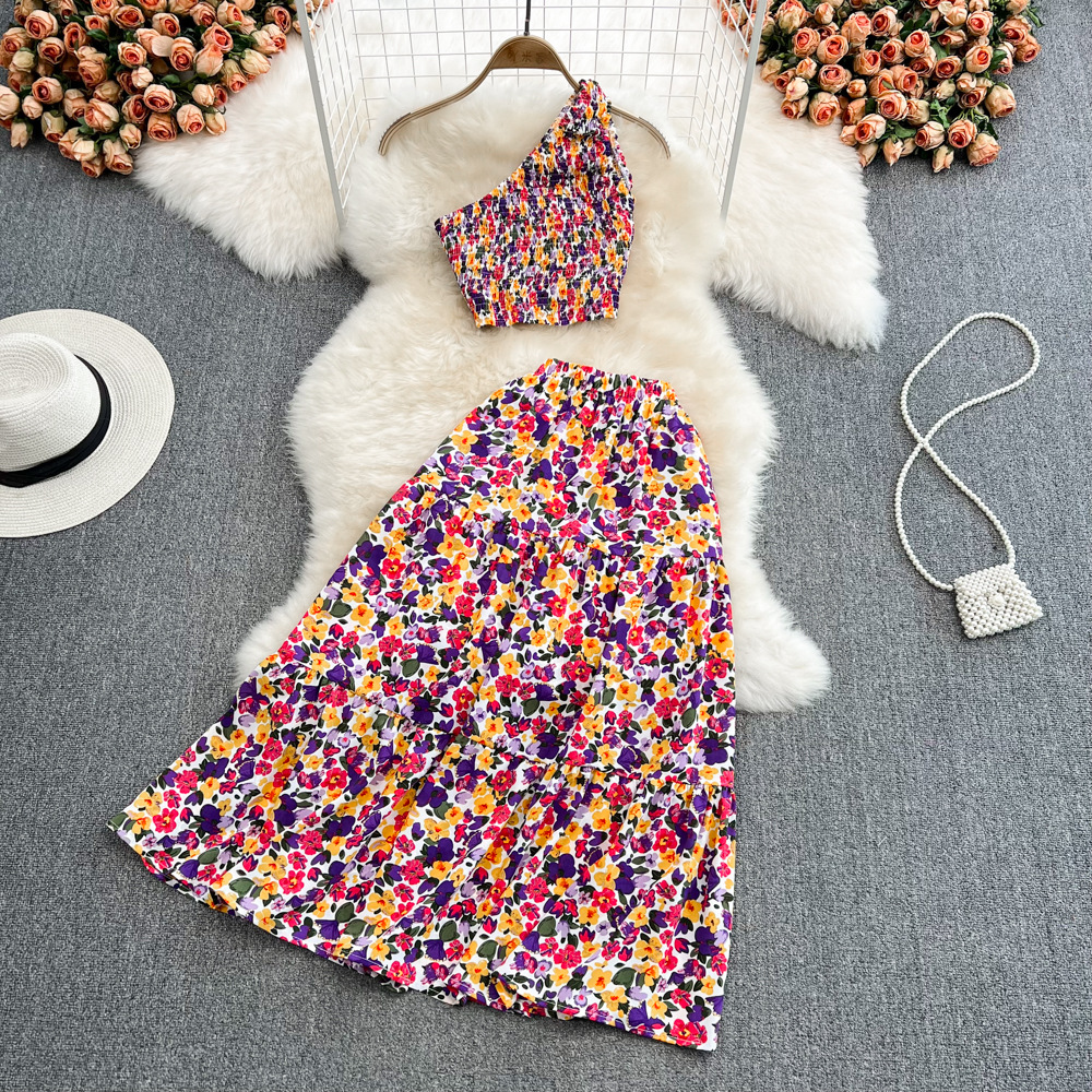 Seaside Women's Slanted Shoulder Vest Skirt High Waist Suit Floral