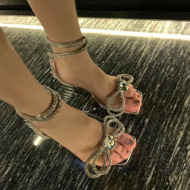 Ankle Strap Stiletto Rhinestone Bow Transparent Shoes Transparent - Shop at LoveMi