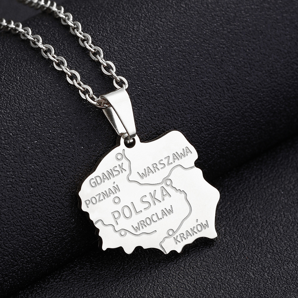 Titanium Steel Glossy Poland Map Pendant Necklace Fashion - 3