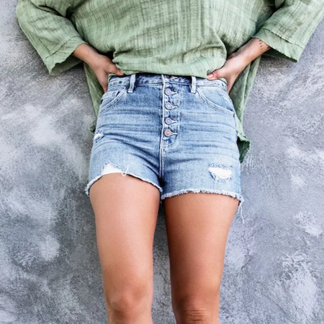 Button Front Shredded Denim Shorts Light Blue - Shop at LoveMi