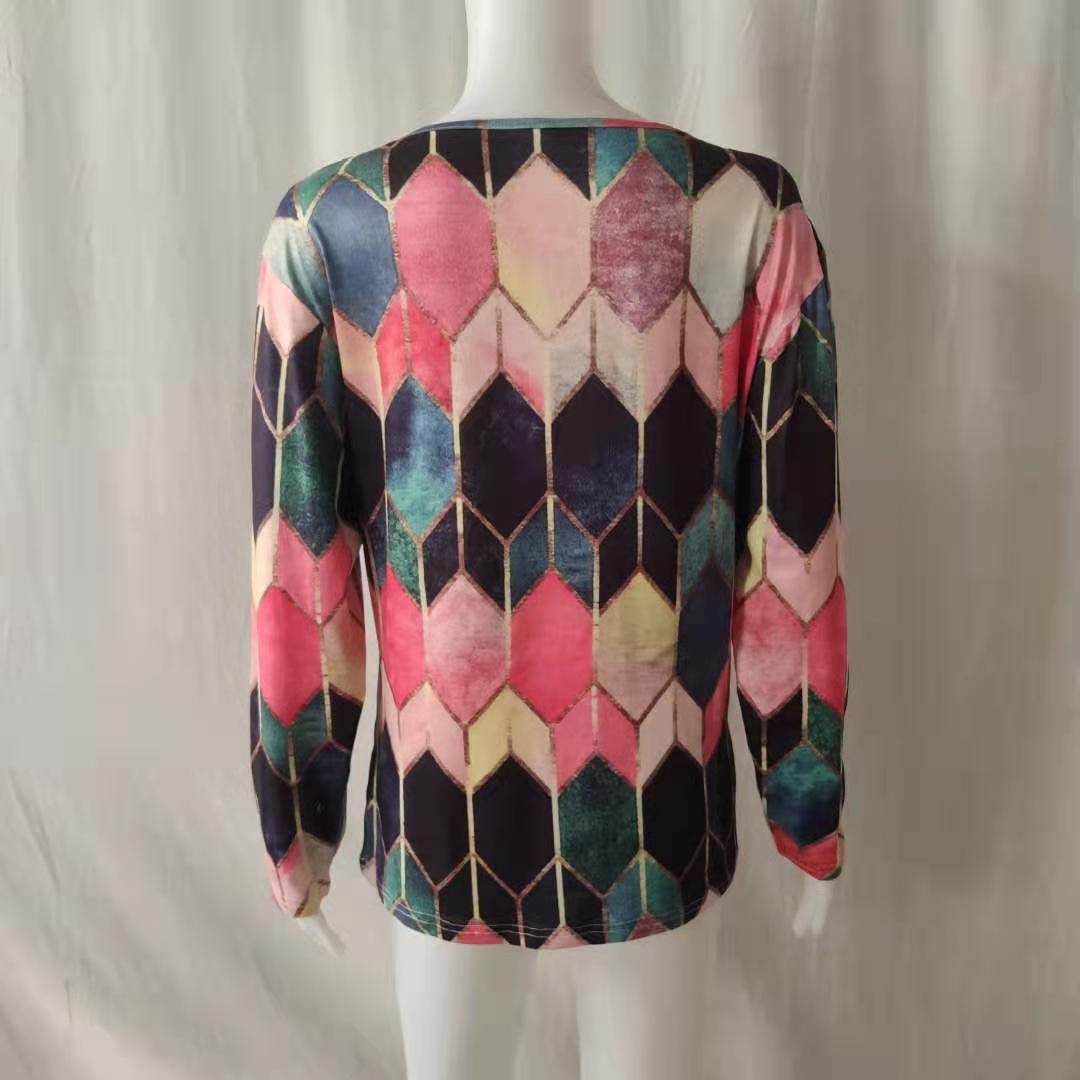 Fashion Geometric Print Zipper Long-sleeved T-shirt