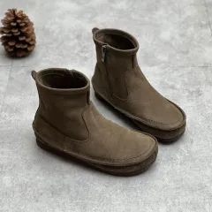 Vintage Literary Handmade Flat Round Head Side Zipper Leather Ankle Boots For Women - Grey - View 1