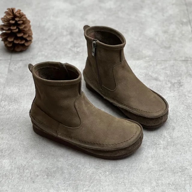 Vintage Literary Handmade Flat Round Head Side Zipper Leather Ankle Boots For Women Grey - Shop at LoveMi