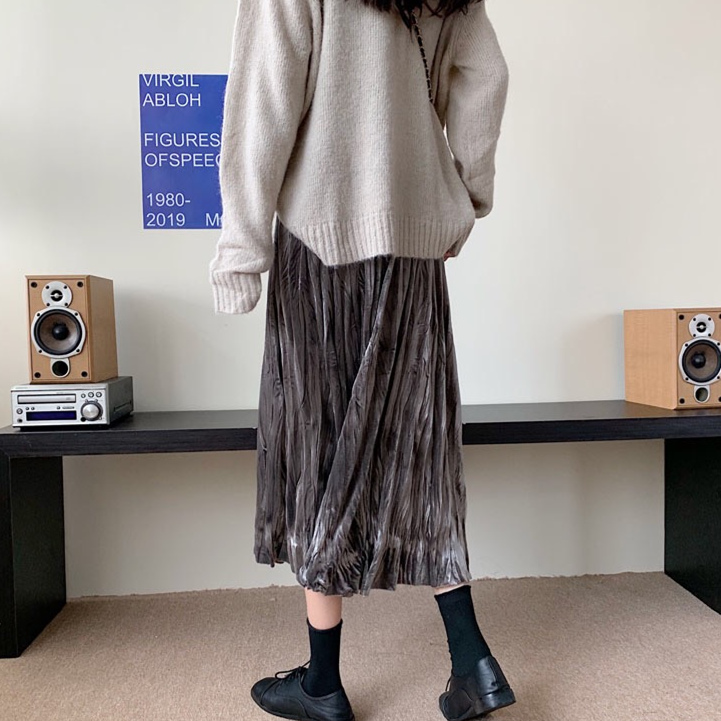 Velvet Pleated Long Skirt A-line Half Length Skirt