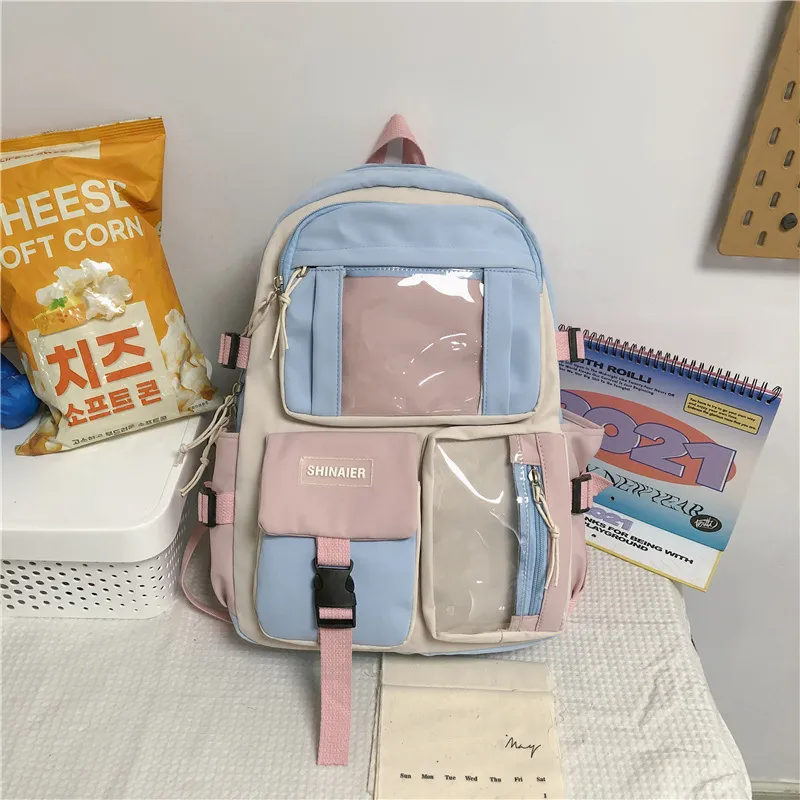 Elementary School High School Birthday Cute Large-capacity Contrast Colour Backpack - Blue
