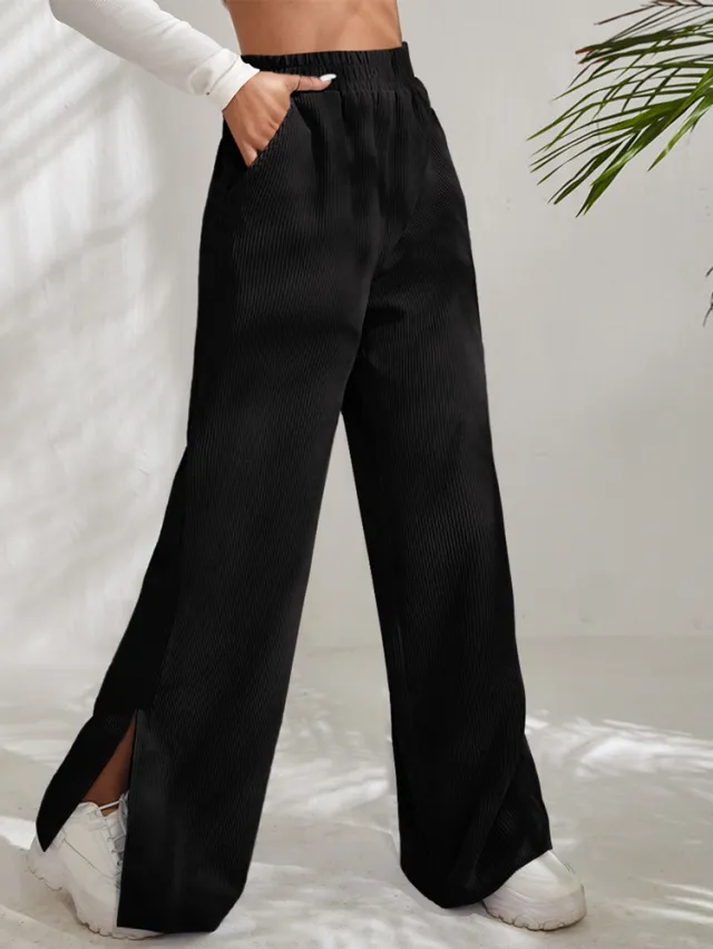 Women's High Waist Casual Pants Solid Color Corduroy Stitching Slit Hem Trousers Black - Shop at LoveMi