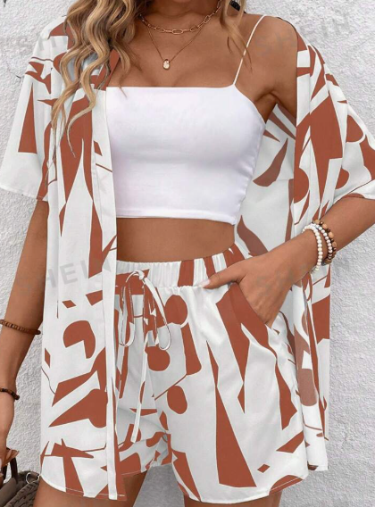 Women's Printed Open Front Shirt And Shorts Set Orange - Shop at LoveMi