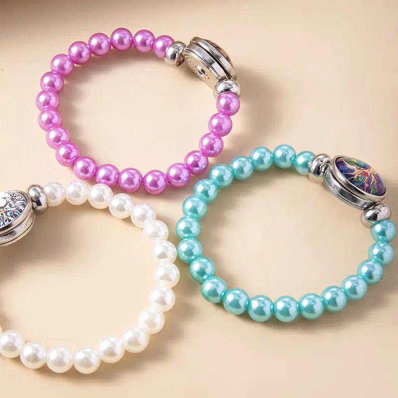 3Pcs Tree Of Life Glass Snap Button Charm Beads Elastic Bracelets For Girls Women Sisters Friends