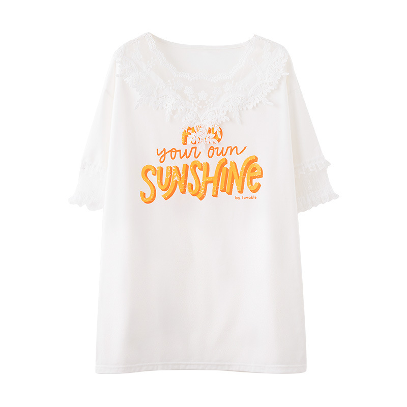 Summer Version Loose Mid-length Printing Letters Large Size Hollow Lace Stitching Short Sleeves
