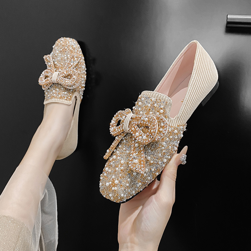 Title 5, Fairy Shoes Pearl Bow Flat Bottom Pumps