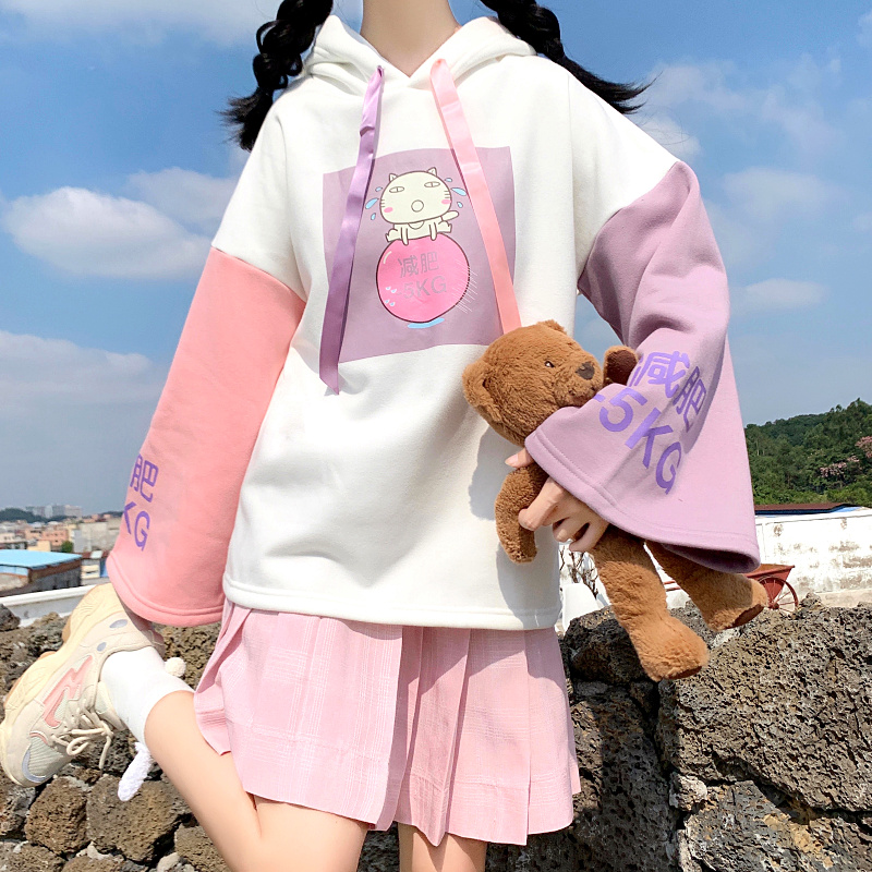 Girl Cute Cat Print Sweater For Fallwinter Students Plus Velvet Thick Hooded Pullover Jacket