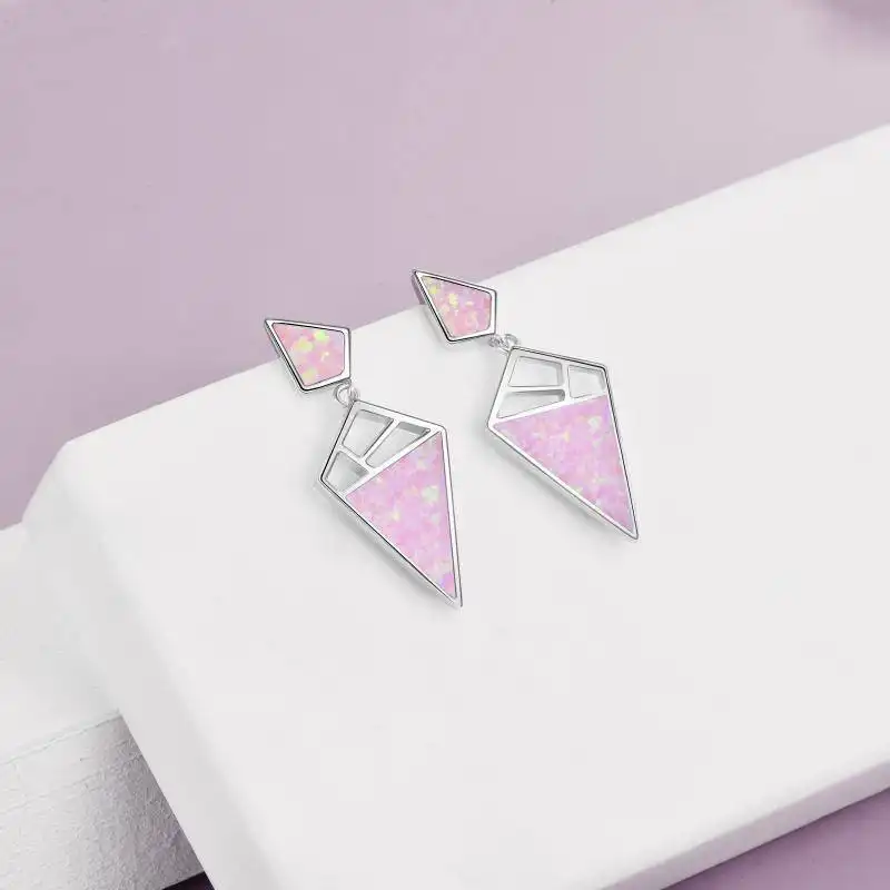 925 Sterling Silver Geometric With Opal Dangle Drop Stud Earrings