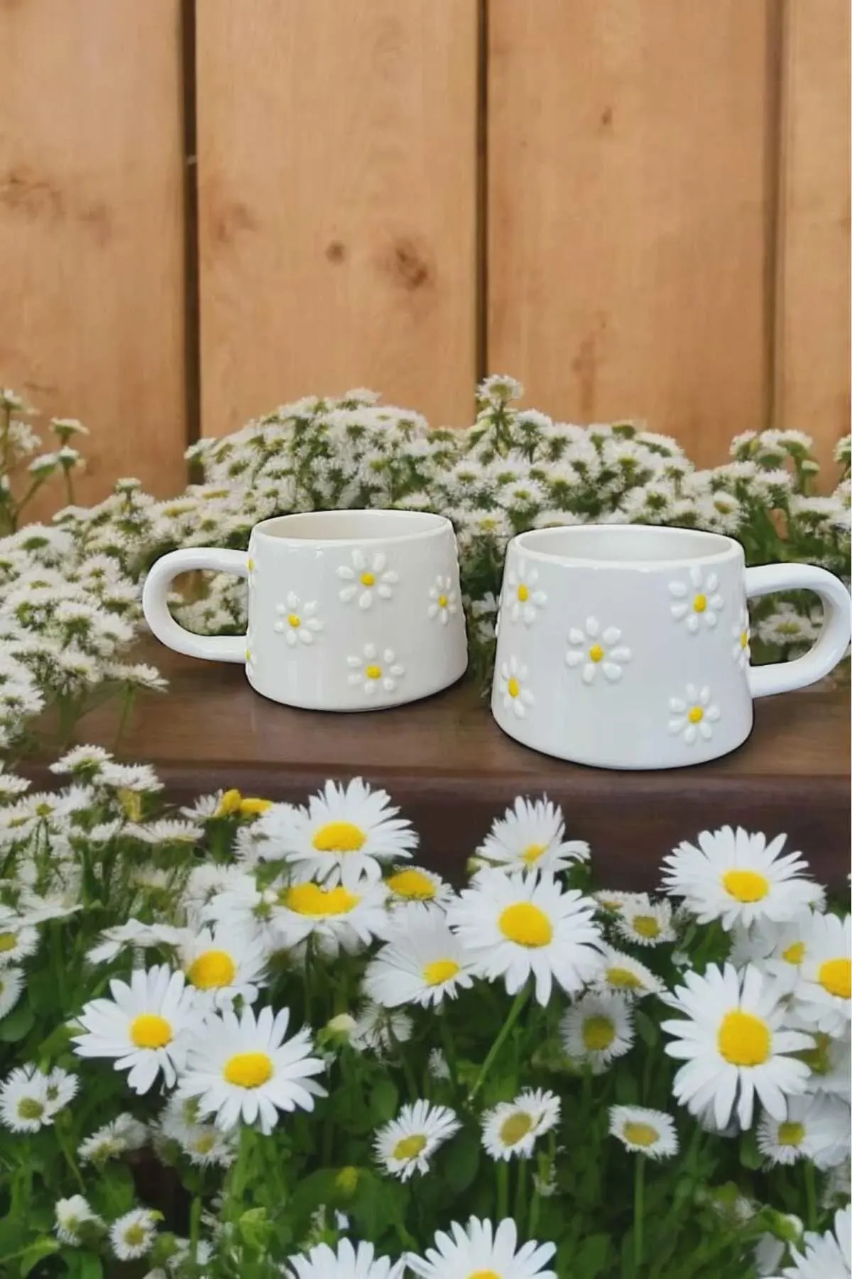 Handmade Ceramic Mug Set With Yellow Daisy Design For Coffee And Tea