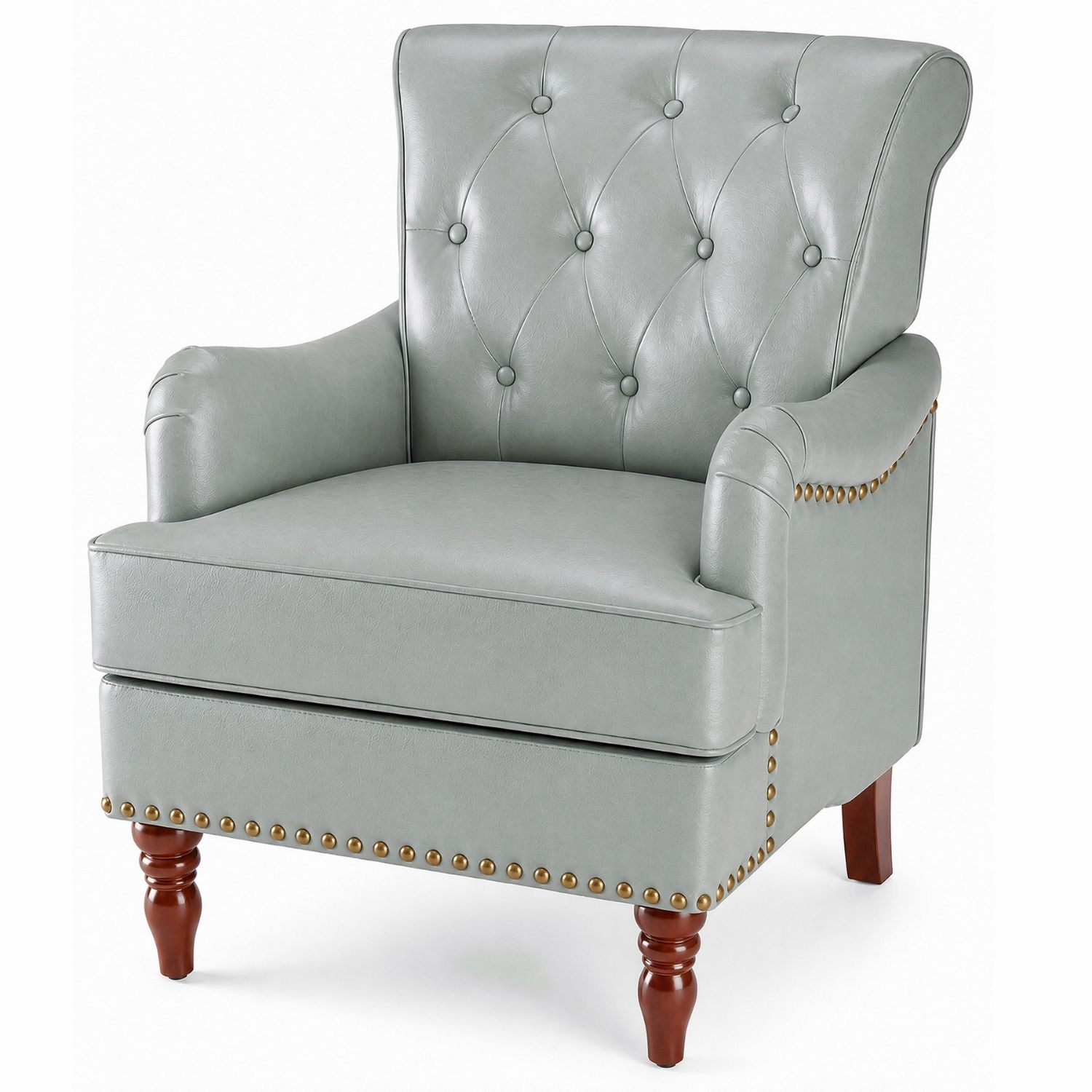 Nailhead Trim Faux Leather Accent Chair, Tufted Armchair For Bedroom And Study — foto 6
