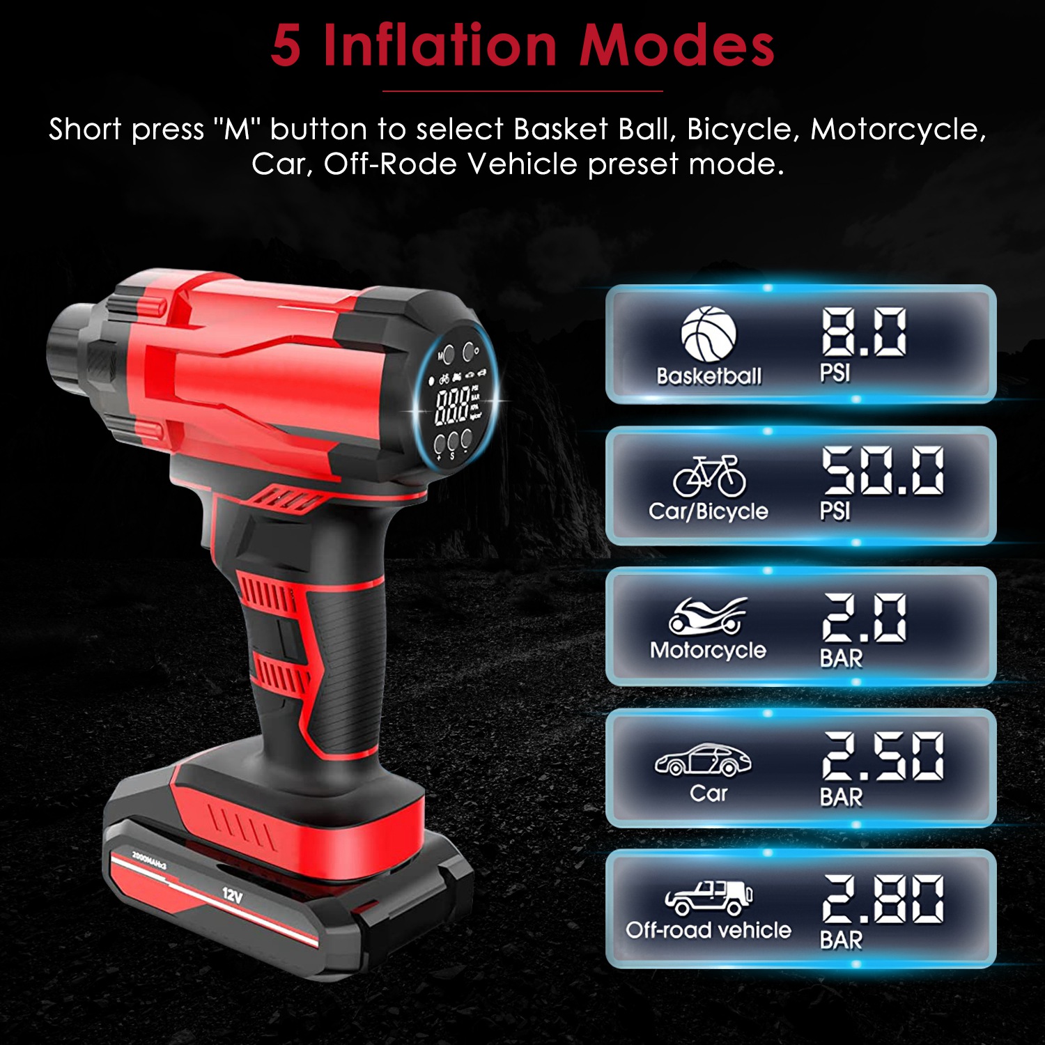 1Pc 150PSI Cordless Car Tire Inflator Rechargeable  2V Portable Electric Air Compressor With LED Light For Car Bike Motorcycle Ball — foto 3