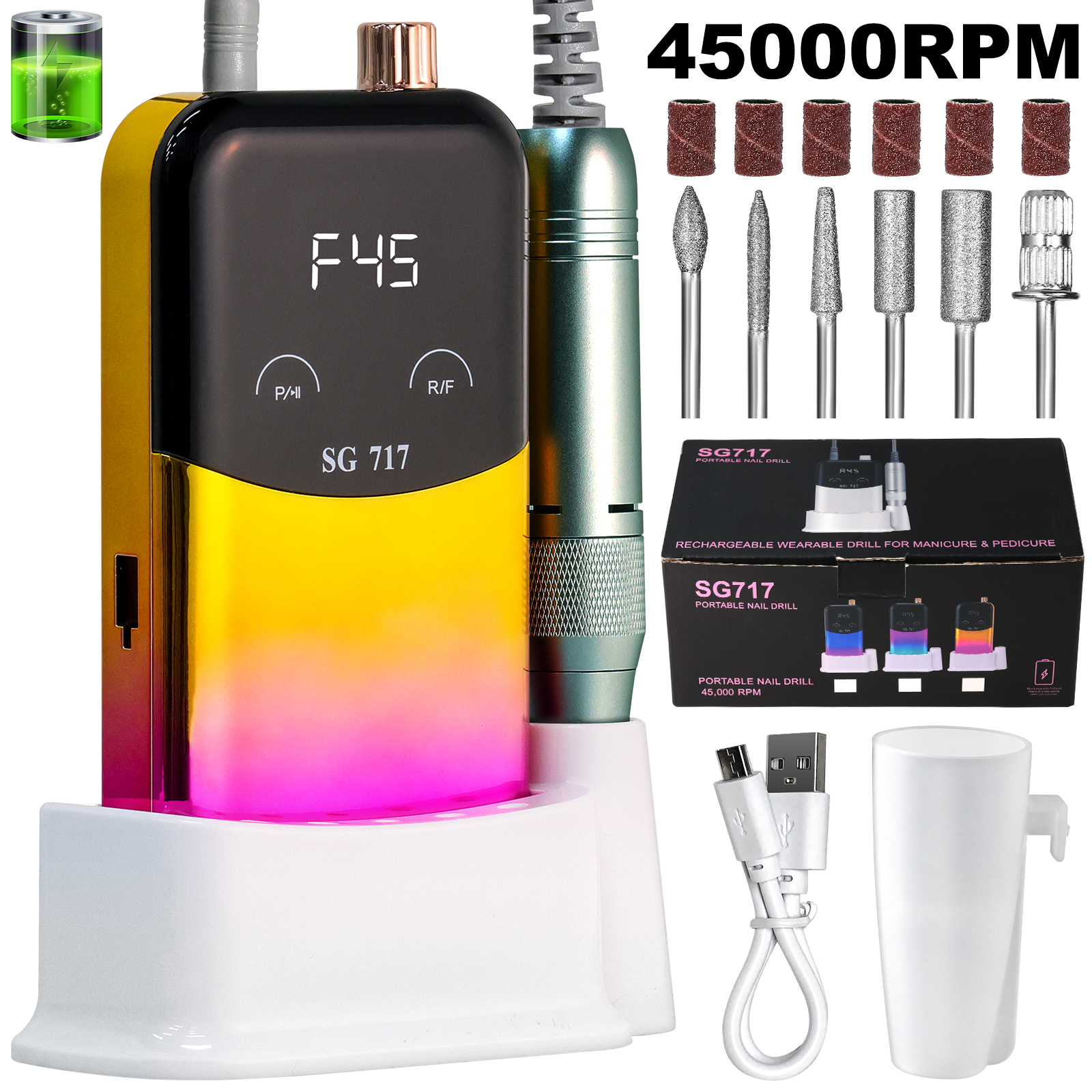 Professional Electric Nail Drill Machine Gradient - Solid Color, 45000RPM Portable Rechargeable Efile Nail Drill Cordless,Electric Nail File Kit For Women