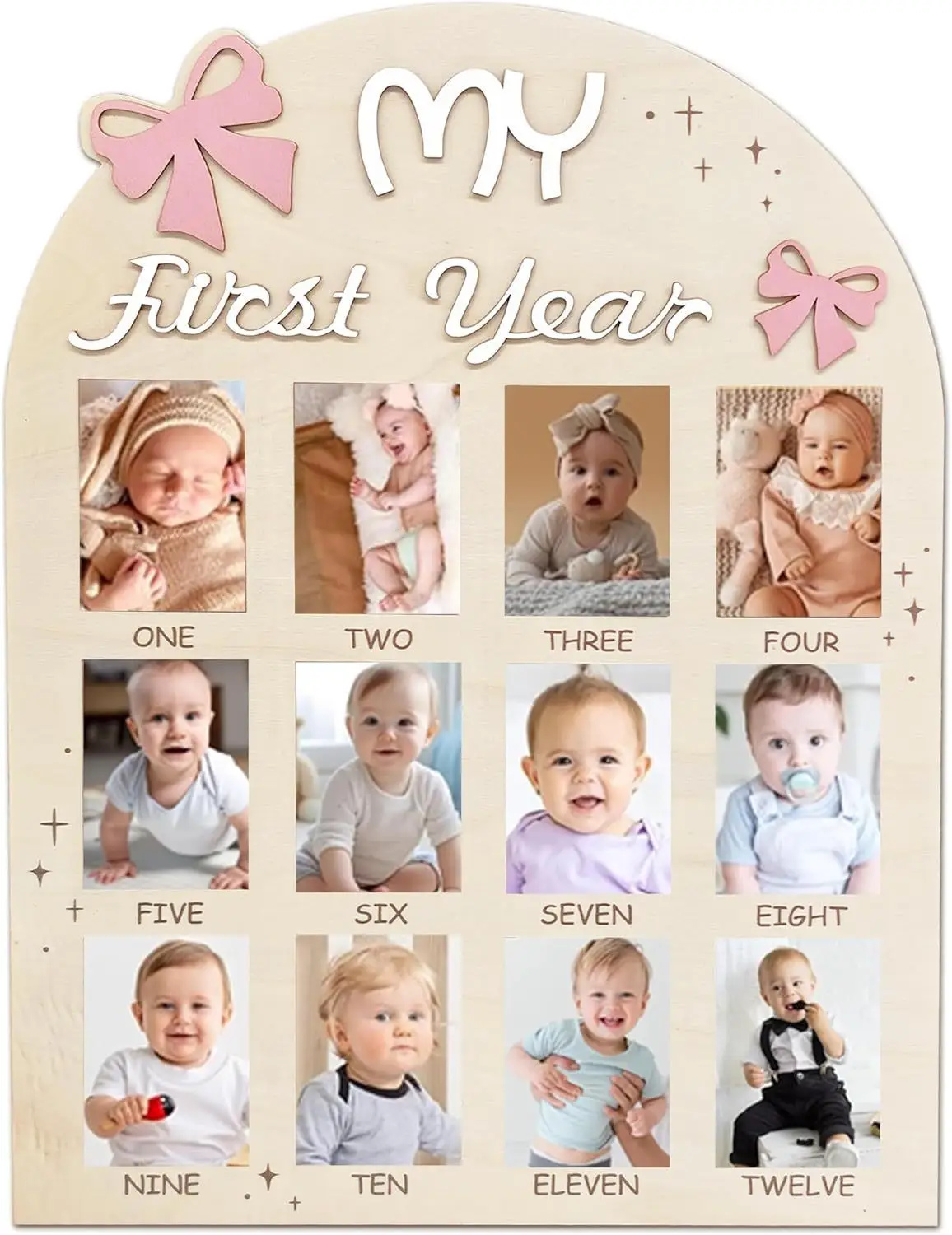 My First Year Baby Photo Frame, Bow Design 12 Months Milestone Wooden Photo Board, Baby Growth Keepsake Prop