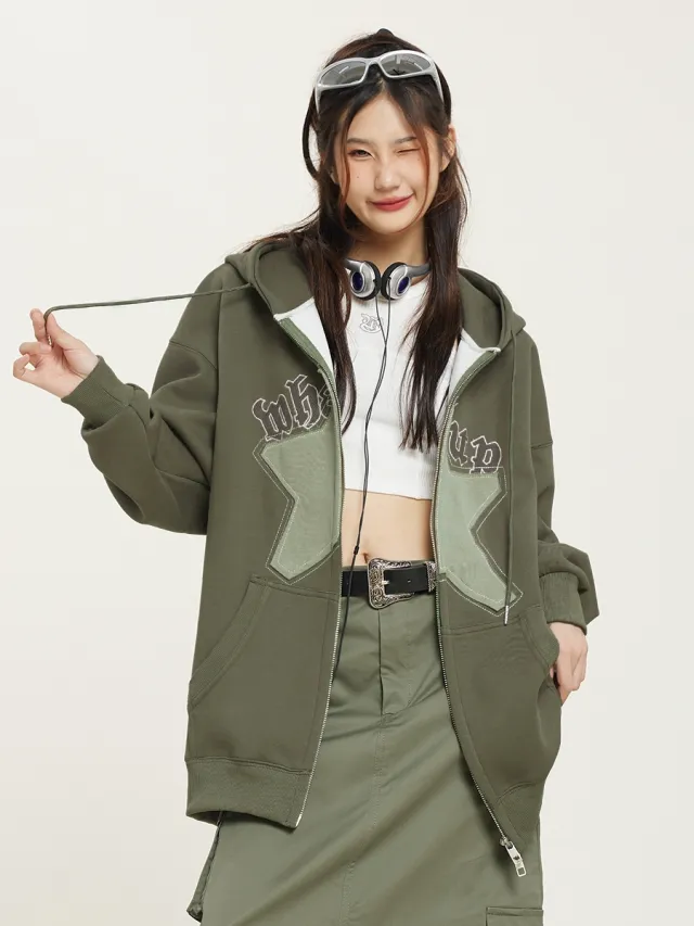 Star Embroidery Hoodie Women's Cardigan American Retro Army Green - Shop at LoveMi