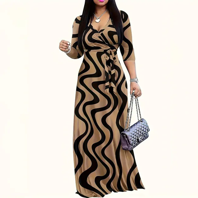 Women's Summer Geometric Print Maxi Dresses Casual 3 4 Sleeve V Neck Tie Waist Long Dress Khaki - Shop at LoveMi