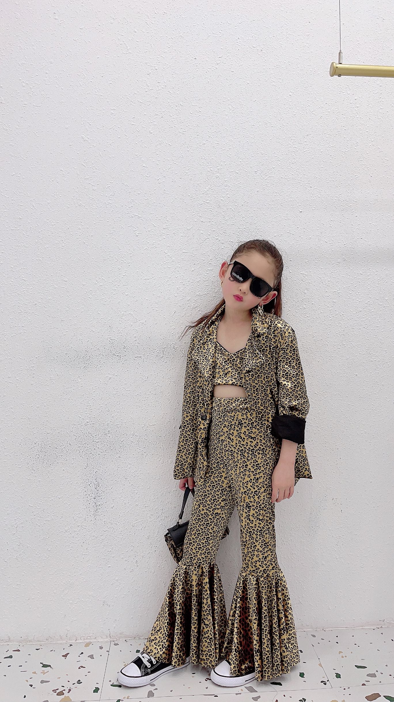 European And American Three-piece Gold Velvet Leopard Print Sling Big Flared Pants