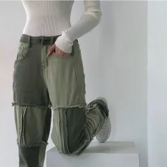 Stitching Contrast Colour High Waist Straight Jeans Trendy Women - Green - View 1