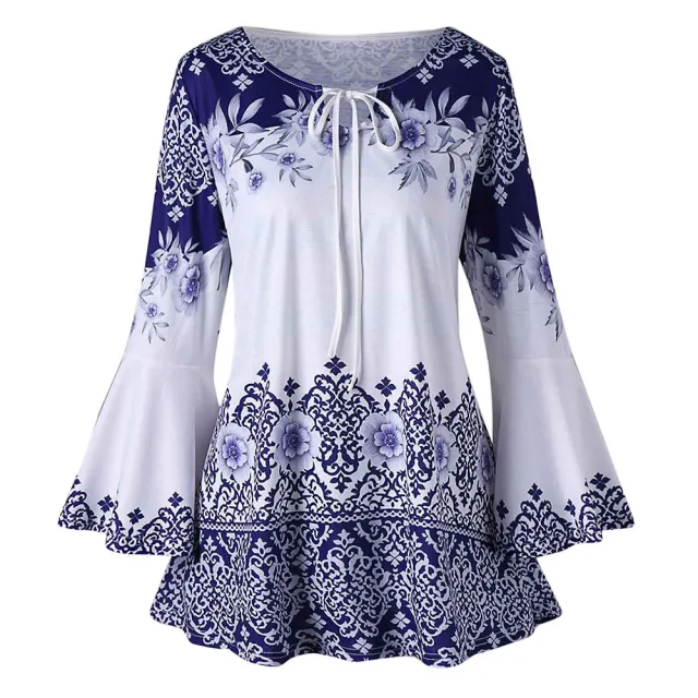 Women's Ethnic Style Printed Loose Casual Long Sleeves Blue - Shop at LoveMi