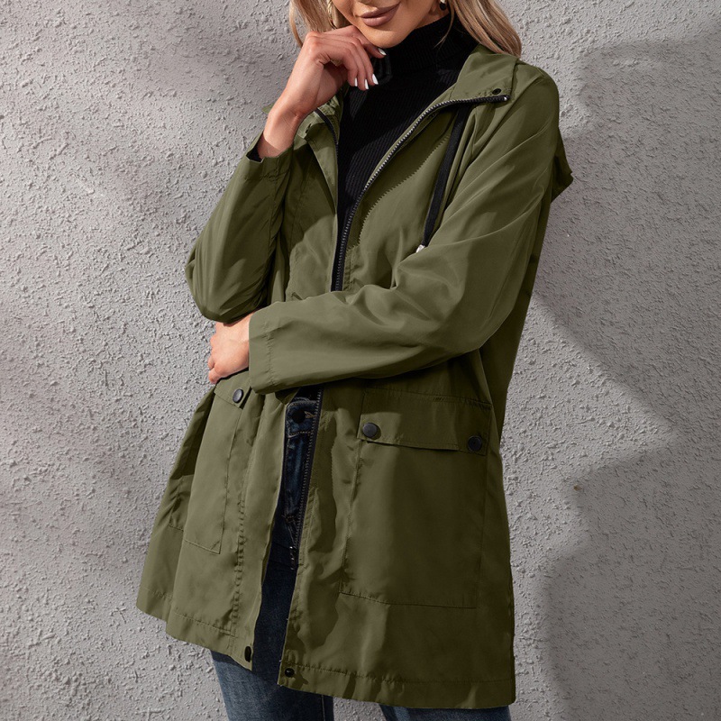 Loose Casual Mid-length Zipper Waterproof Hooded Trench Coat