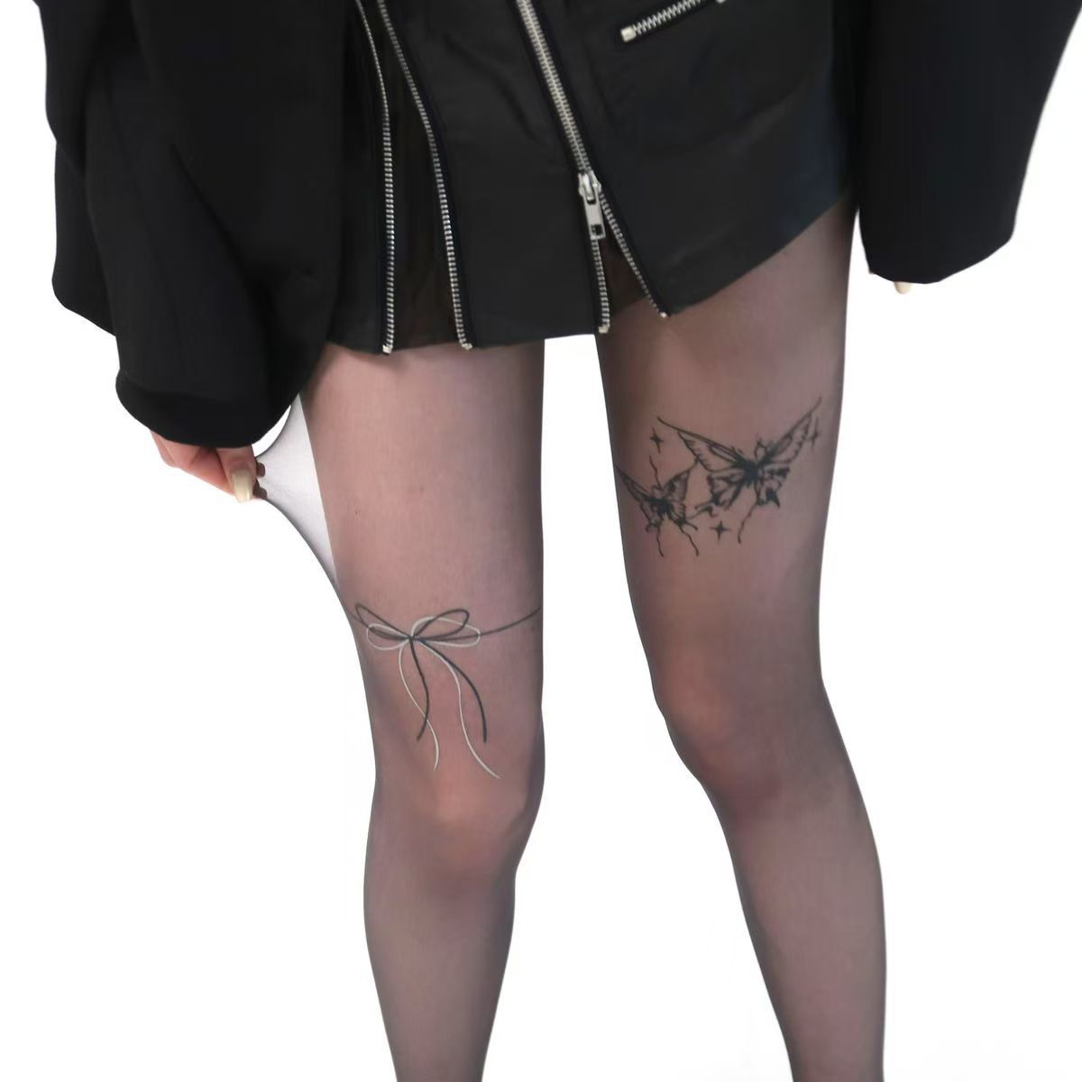 Tattoo Print Sheer Black Tights, Butterfly & Bow Semi-Transparent Pantyhose, Women's Edgy Coquette Style Tights For Skirts & Boots