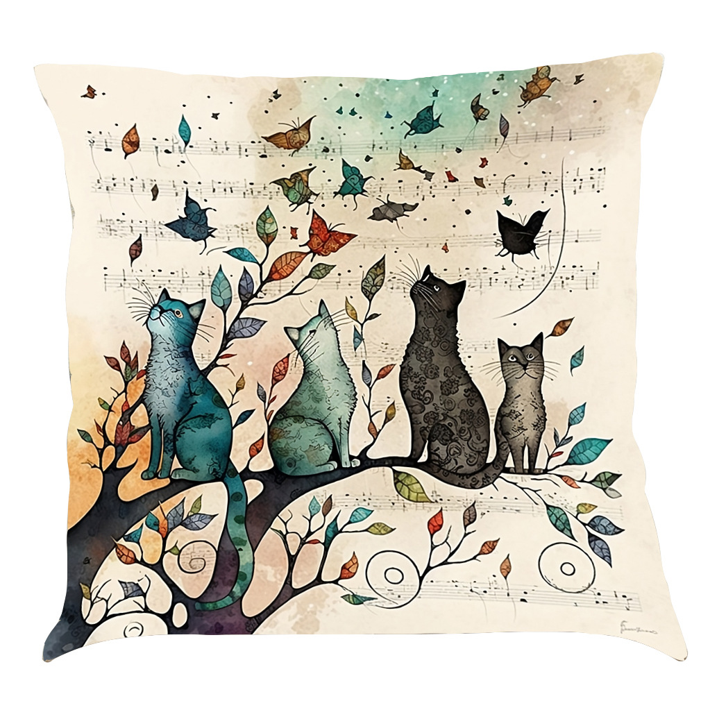 Musical Cats Printed Cotton Linen Pillowcase