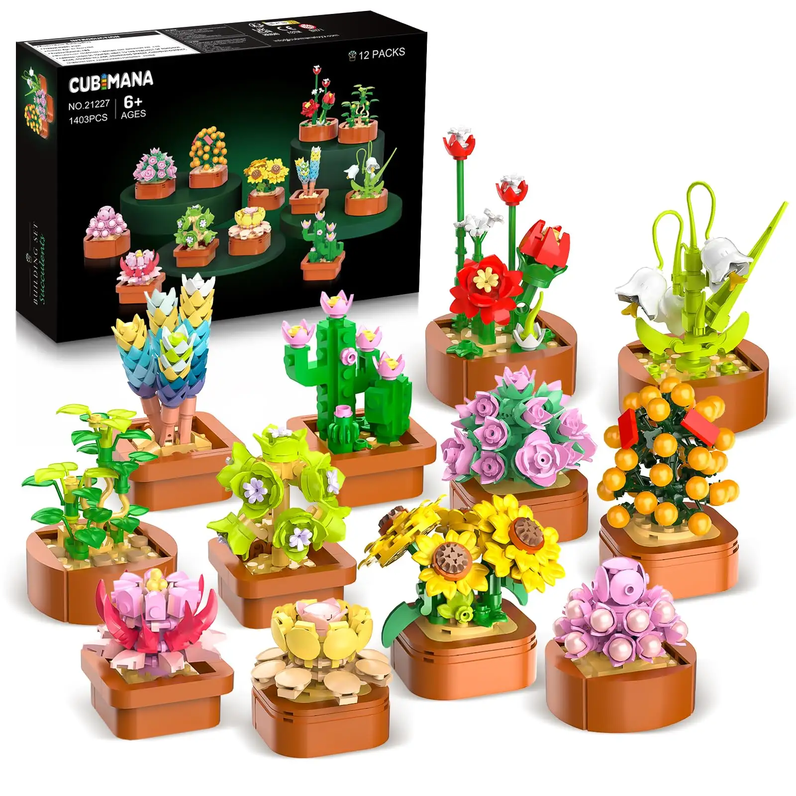 12 Pack Flowers Succulents Mini Building Set