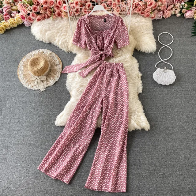 Temperament Retro Waist Short Floral Square Neck Chiffon Shirt Pink - Shop at LoveMi