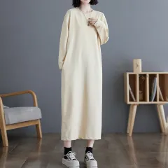 Women's Casual Solid Color Round Neck Dress, Loose Fit Long Sleeve Midi Dress With Slit And Pockets - Apricot - View 1