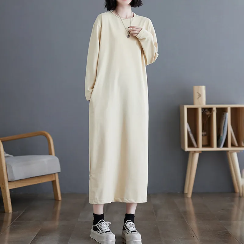 Women's Casual Solid Color Round Neck Dress, Loose Fit Long Sleeve Midi Dress With Slit And Pockets - Apricot
