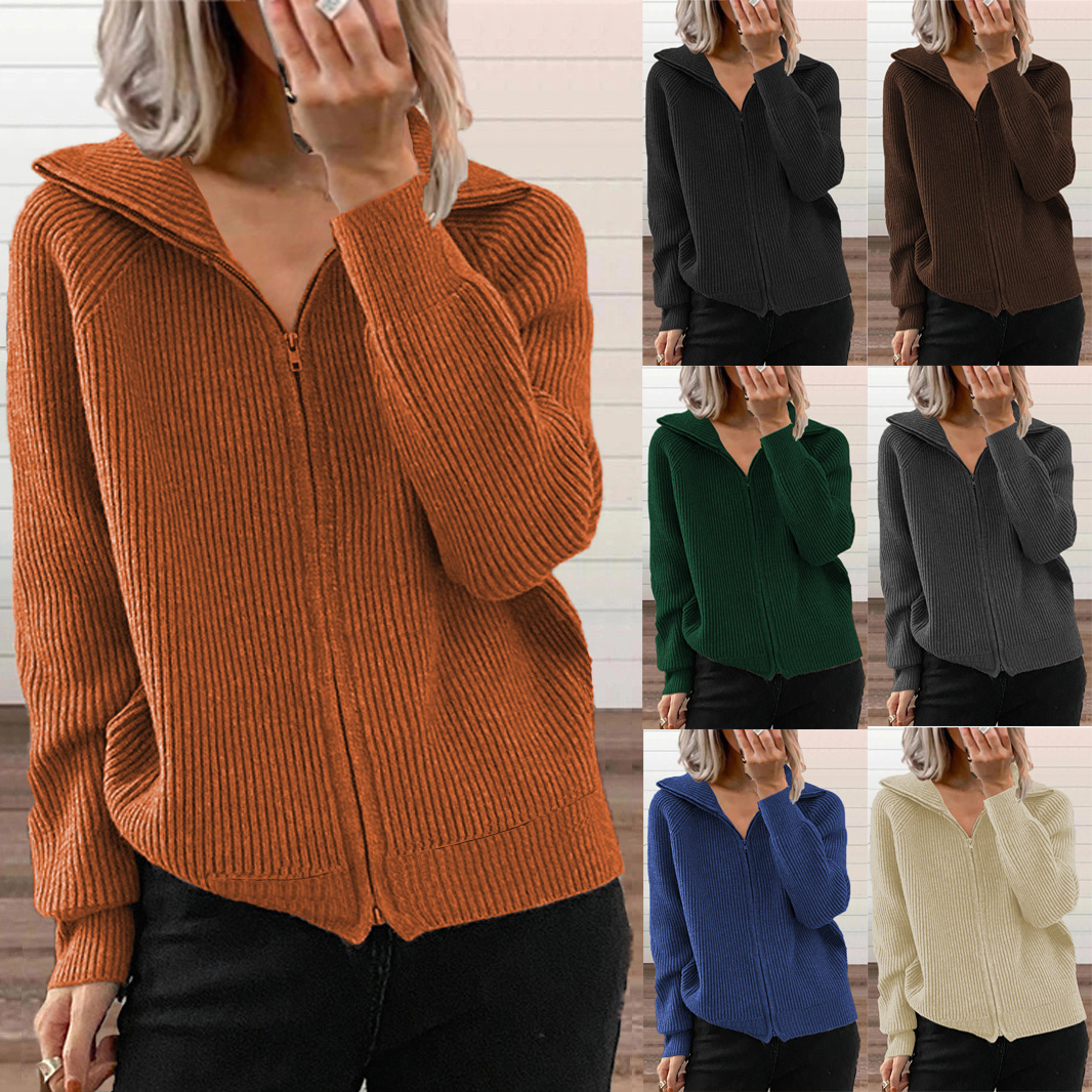 European And American Cross-border Fall And Winter New Style Striped Casual Jackets, Loose Knitted Tops With Zippers, Long-sleeved Lapel Sweaters For Women, Available In 6 Colors.