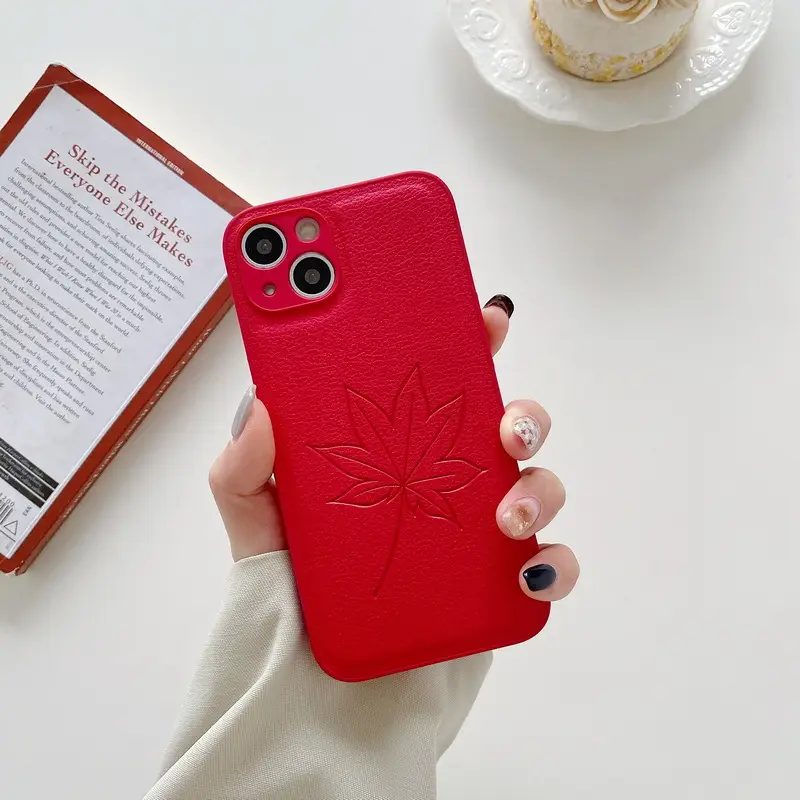 Pure Color Tpu Litchi Skin Maple Leaf Phone Case