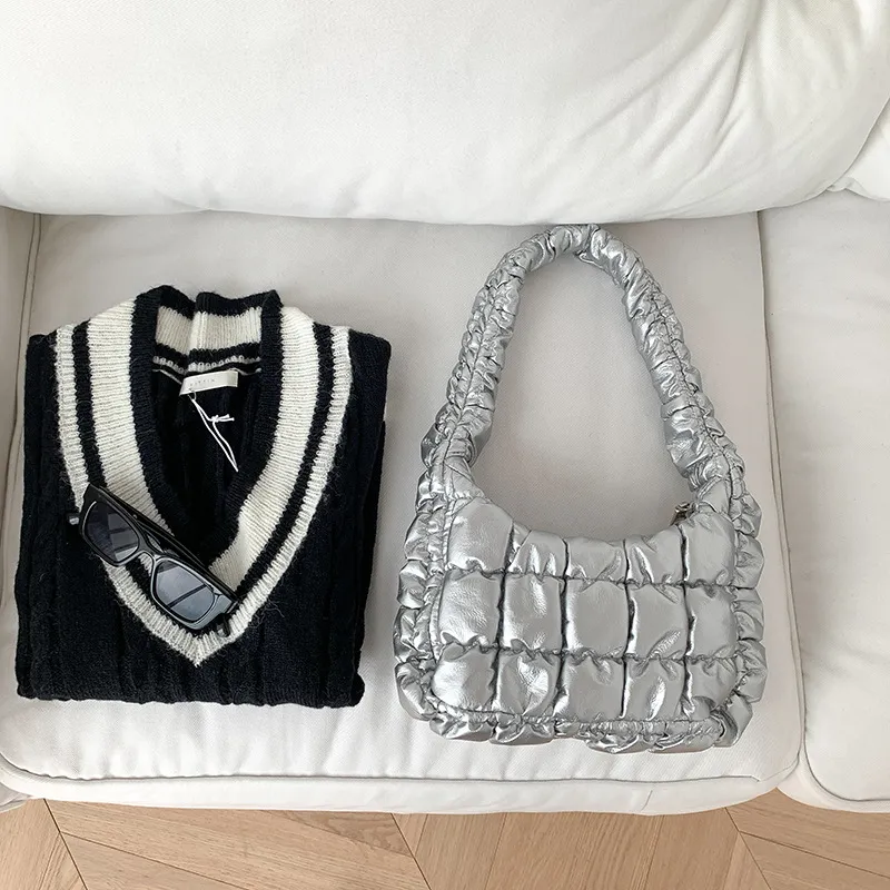 High-grade Small Design One-shoulder Cotton-padded Jacket Bag - Silver