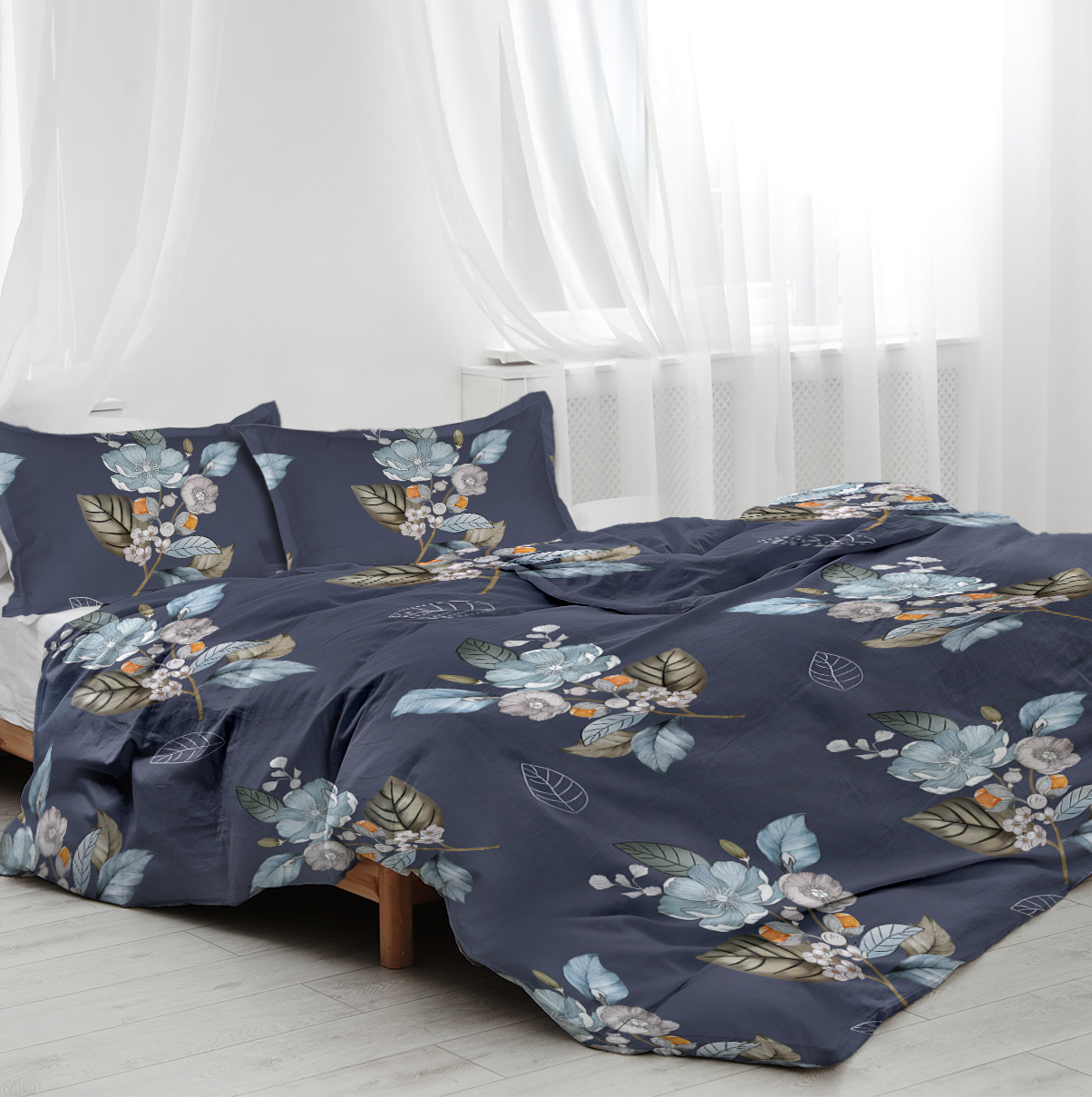 Floral Duvet Cover Set 3 Pieces Bed In A Bag, Flower Print On Blue Bedding Set, Soft Microfiber Bedding Set For All Season