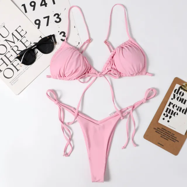 Ladies Swimsuit Solid Color Split Drawstring Sexy Thong Bikini Swimsuit Pink - Shop at LoveMi