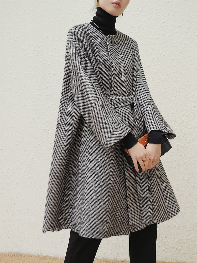 Wool Two color Herringbone Crewneck Wide Sleeve Belt Design A Swing Silhouette Mid length Coat For Women As Figure - Shop at LoveMi