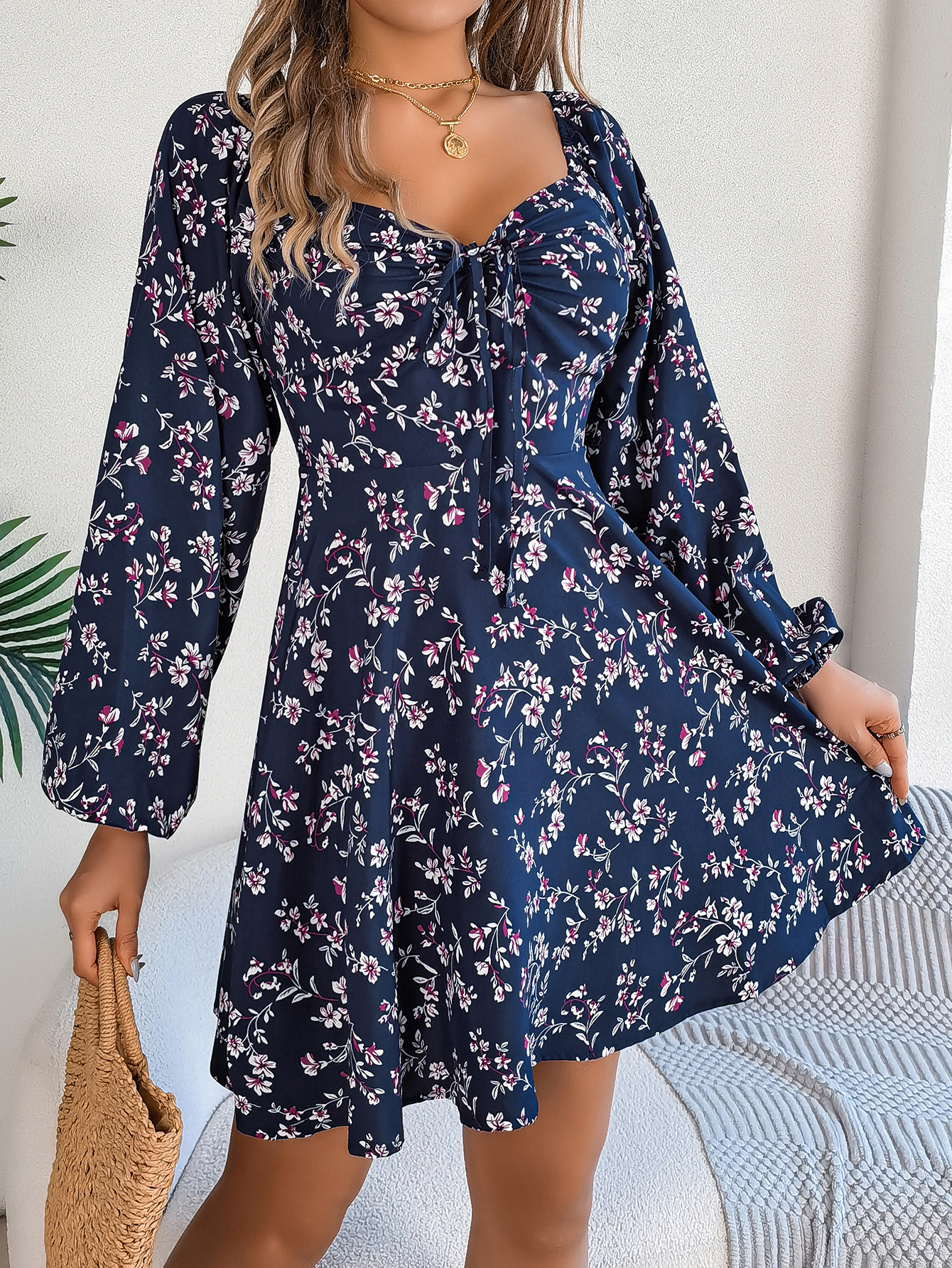 Women's Casual Sexy Tie Waist Square Neck Floral Print Long Sleeve A-Line Dress