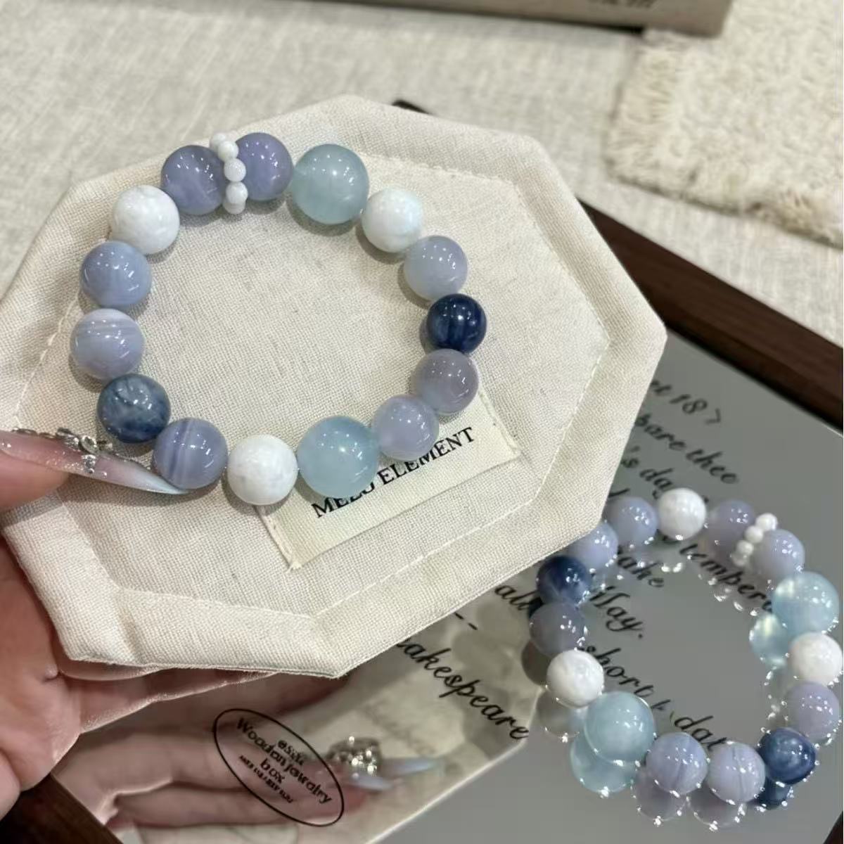 Brățară Aquamarine din agat de dantelă albastră naturală Lapis Lazuli cu două tonuri de lanț cu mărgele Element de apă Bijuterii energetice pentru femei